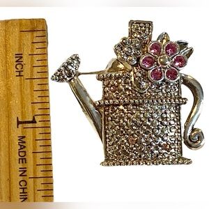 Silver Watering Can Brooch with Pink Rhinestone Flower Accent